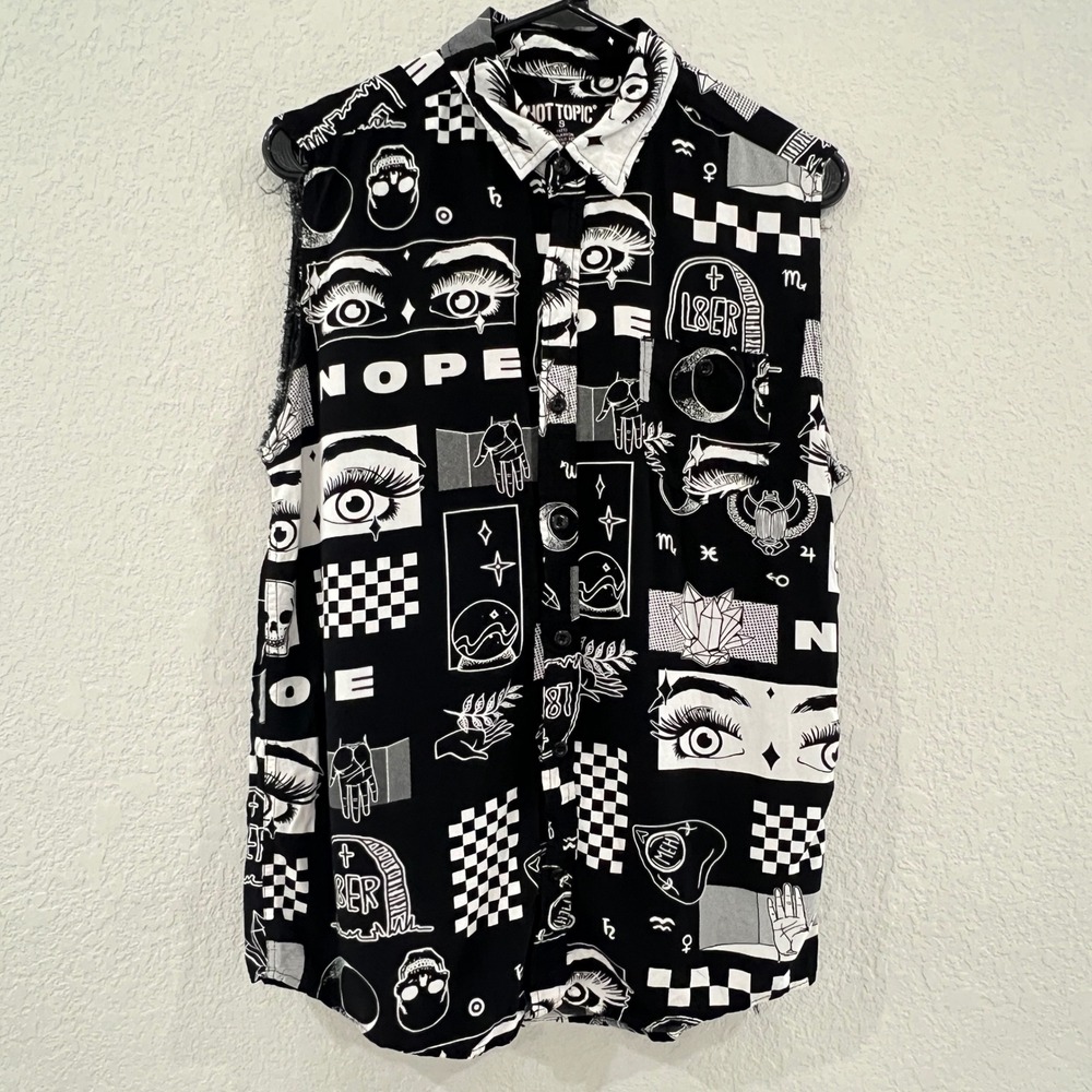 Hot Topic Sleeveless Shirt Mens S Black White Occult Goth Rayon Button Up